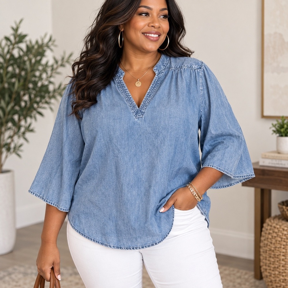 Chicos Top Chambary Solid Denim Flare Sleeve Pullover Size 2 Large